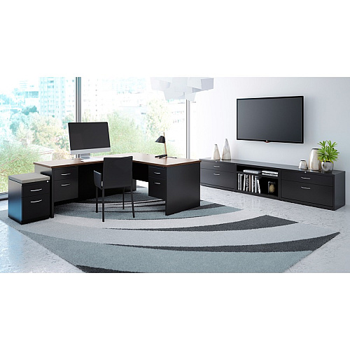 Lorell Fortress Modular Series Double-Pedestal Desk 72" Width x 36" Depth, x 1.1" Thickness Top - 2 x Box, File Drawer(s) - Double Pedestal - Material: Steel - Finish: Walnut Laminate, Black - Scratch Resistant, Stain Resistant, Ball-bearing Su (LLR79139)