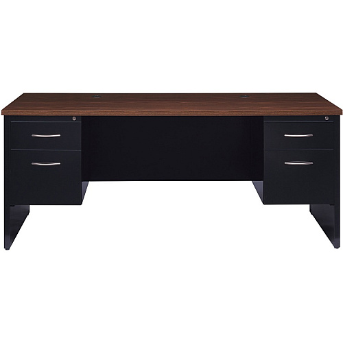 Lorell Fortress Modular Series Double-Pedestal Desk 72" Width x 36" Depth, x 1.1" Thickness Top - 2 x Box, File Drawer(s) - Double Pedestal - Material: Steel - Finish: Walnut Laminate, Black - Scratch Resistant, Stain Resistant, Ball-bearing Su (LLR79139)