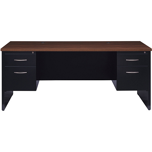 Lorell Fortress Modular Series Double-Pedestal Desk 72" Width x 36" Depth, x 1.1" Thickness Top - 2 x Box, File Drawer(s) - Double Pedestal - Material: Steel - Finish: Walnut Laminate, Black - Scratch Resistant, Stain Resistant, Ball-bearing Su (LLR79139)