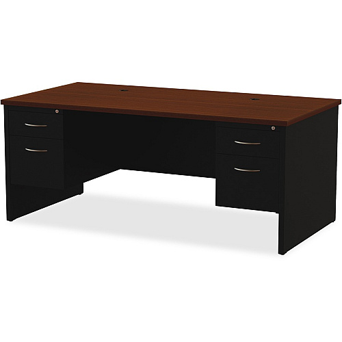 Lorell Fortress Modular Series Double-Pedestal Desk 72" Width x 36" Depth, x 1.1" Thickness Top - 2 x Box, File Drawer(s) - Double Pedestal - Material: Steel - Finish: Walnut Laminate, Black - Scratch Resistant, Stain Resistant, Ball-bearing Su (LLR79139)