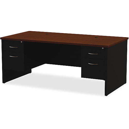 Lorell Fortress Modular Series Double-Pedestal Desk 72" Width x 36" Depth, x 1.1" Thickness Top - 2 x Box, File Drawer(s) - Double Pedestal - Material: Steel - Finish: Walnut Laminate, Black - Scratch Resistant, Stain Resistant, Ball-bearing Su (LLR79139)