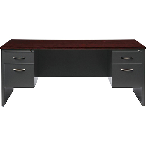 Lorell Fortress Modular Series Double-Pedestal Desk 72" Width x 36" Depth, x 1.1" Thickness Top - 2 x Box, File Drawer(s) - Double Pedestal - Material: Steel - Finish: Mahogany Laminate, Charcoal - Scratch Resistant, Stain Resistant, Ball-beari (LLR79140)