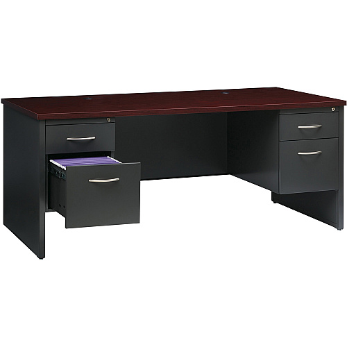 Lorell Fortress Modular Series Double-Pedestal Desk 72" Width x 36" Depth, x 1.1" Thickness Top - 2 x Box, File Drawer(s) - Double Pedestal - Material: Steel - Finish: Mahogany Laminate, Charcoal - Scratch Resistant, Stain Resistant, Ball-beari (LLR79140)
