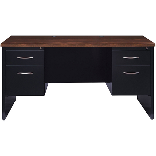 Lorell Fortress Modular Series Double-Pedestal Desk 60" Width x 30" Depth, x 1.1" Thickness Top - 4 x Box, File Drawer(s) - Double Pedestal - Material: Steel - Finish: Walnut Laminate, Black - Scratch Resistant, Stain Resistant, Ball-bearing Su (LLR79141)