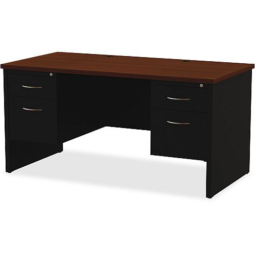 Lorell Fortress Modular Series Double-Pedestal Desk 60" Width x 30" Depth, x 1.1" Thickness Top - 4 x Box, File Drawer(s) - Double Pedestal - Material: Steel - Finish: Walnut Laminate, Black - Scratch Resistant, Stain Resistant, Ball-bearing Su (LLR79141)