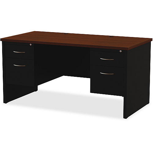 Lorell Fortress Modular Series Double-Pedestal Desk 60" Width x 30" Depth, x 1.1" Thickness Top - 4 x Box, File Drawer(s) - Double Pedestal - Material: Steel - Finish: Walnut Laminate, Black - Scratch Resistant, Stain Resistant, Ball-bearing Su (LLR79141)