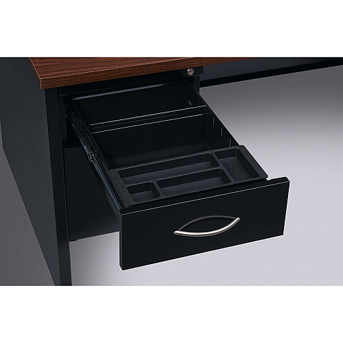 Lorell Fortress Modular Series Double-Pedestal Desk 60" Width x 30" Depth, x 1.1" Thickness Top - 4 x Box, File Drawer(s) - Double Pedestal - Material: Steel - Finish: Walnut Laminate, Black - Scratch Resistant, Stain Resistant, Ball-bearing Su (LLR79141)