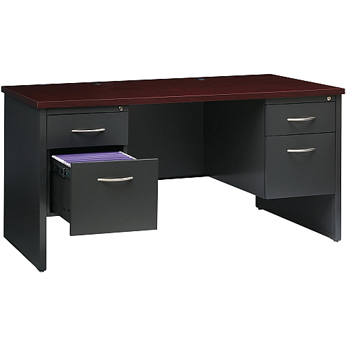 Lorell Fortress Modular Series Double-Pedestal Desk 60" Width x 30" Depth, x 1.1" Thickness Top - 2 x Box, File Drawer(s) - Double Pedestal - Material: Steel - Finish: Mahogany Laminate, Charcoal - Scratch Resistant, Stain Resistant, Ball-beari (LLR79142)