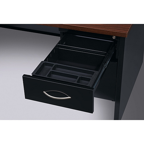 Lorell Fortress Modular Series Right-Pedestal Desk 48" Width x 30" Depth, x 1.1" Thickness Top - 2 x Box, File Drawer(s) - Single Pedestal on Right Side - Material: Steel - Finish: Walnut Laminate, Black - Scratch Resistant, Stain Resistant, Ba (LLR79147)