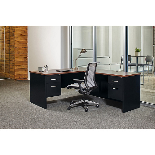 Lorell Fortress Modular Series Desk 72" x 36" , 1.1" Top - 2 x Box, File Drawer(s) - Single Pedestal on Left Side - Material: Steel - Finish: Walnut Laminate, Black - Scratch Resistant, Stain Resistant, Ball-bearing Suspension, Grommet, Handle, (LLR79149)