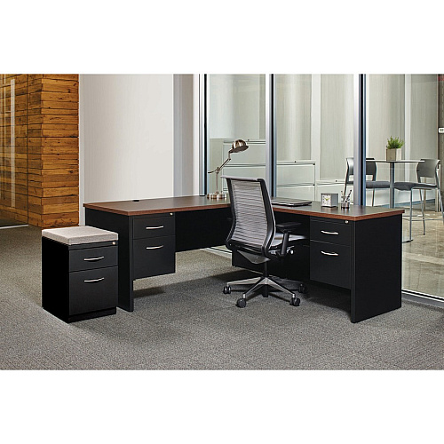Lorell Fortress Modular Series Desk 72" x 36" , 1.1" Top - 2 x Box, File Drawer(s) - Single Pedestal on Left Side - Material: Steel - Finish: Walnut Laminate, Black - Scratch Resistant, Stain Resistant, Ball-bearing Suspension, Grommet, Handle, (LLR79149)