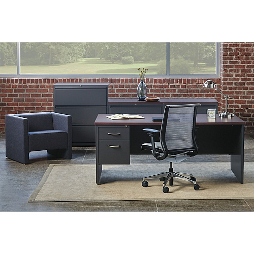 Lorell Fortress Modular Series Left-Pedestal Desk 72" Width x 36" Depth, x 1.1" Thickness Top - 2 x Box, File Drawer(s) - Single Pedestal on Left Side - Material: Steel - Finish: Mahogany Laminate, Charcoal - Scratch Resistant, Stain Resistant, (LLR79150)