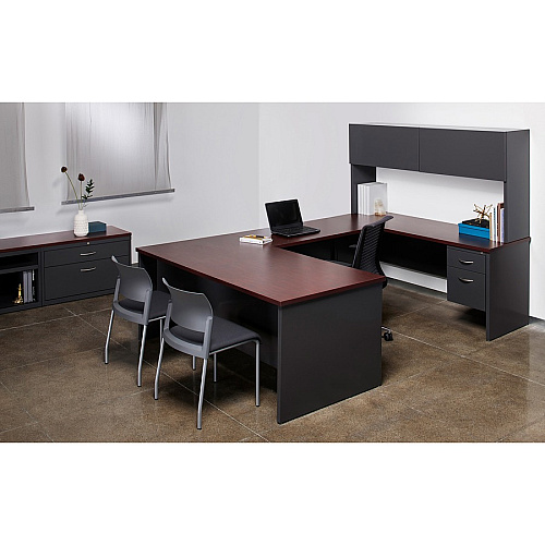 Lorell Fortress Modular Series Left-Pedestal Desk 72" Width x 36" Depth, x 1.1" Thickness Top - 2 x Box, File Drawer(s) - Single Pedestal on Left Side - Material: Steel - Finish: Mahogany Laminate, Charcoal - Scratch Resistant, Stain Resistant, (LLR79150)