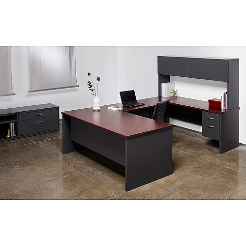 Lorell Fortress Modular Series Left-Pedestal Desk 72" Width x 36" Depth, x 1.1" Thickness Top - 2 x Box, File Drawer(s) - Single Pedestal on Left Side - Material: Steel - Finish: Mahogany Laminate, Charcoal - Scratch Resistant, Stain Resistant, (LLR79150)