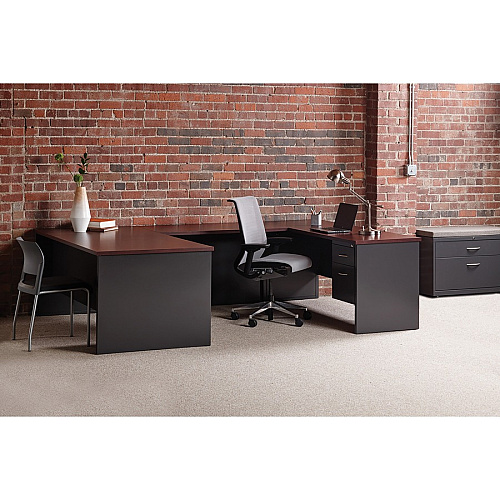 Lorell Fortress Modular Series Left-Pedestal Desk 72" Width x 36" Depth, x 1.1" Thickness Top - 2 x Box, File Drawer(s) - Single Pedestal on Left Side - Material: Steel - Finish: Mahogany Laminate, Charcoal - Scratch Resistant, Stain Resistant, (LLR79150)