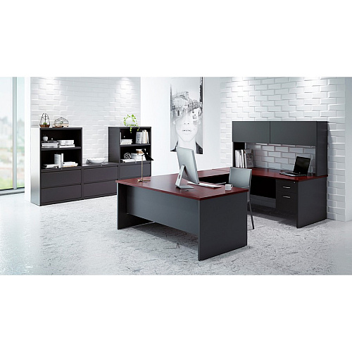 Lorell Fortress Modular Series Left-Pedestal Desk 72" Width x 36" Depth, x 1.1" Thickness Top - 2 x Box, File Drawer(s) - Single Pedestal on Left Side - Material: Steel - Finish: Mahogany Laminate, Charcoal - Scratch Resistant, Stain Resistant, (LLR79150)