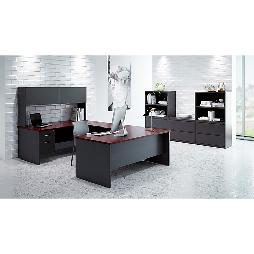 Lorell Fortress Modular Series Left-Pedestal Desk 66" Width x 30" Depth, x 1.1" Thickness Top - 2 x Box, File Drawer(s) - Single Pedestal on Left Side - Material: Steel - Finish: Mahogany Laminate, Charcoal - Scratch Resistant, Stain Resistant, (LLR79152)