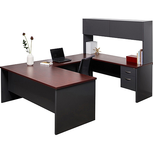 Lorell Fortress Modular Series Left-Pedestal Desk 66" Width x 30" Depth, x 1.1" Thickness Top - 2 x Box, File Drawer(s) - Single Pedestal on Left Side - Material: Steel - Finish: Mahogany Laminate, Charcoal - Scratch Resistant, Stain Resistant, (LLR79152)