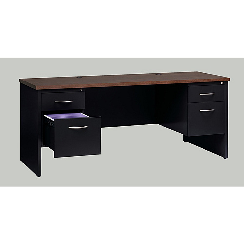 Lorell Walnut Laminate Commercial Steel Double-pedestal Credenza - 2-Drawer 72" x 24" , 1.1" Top - 2 x Box, File Drawer(s) - Double Pedestal - Material: Steel - Finish: Walnut Laminate, Black (LLR79157)