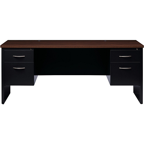 Lorell Walnut Laminate Commercial Steel Double-pedestal Credenza - 2-Drawer 72" x 24" , 1.1" Top - 2 x Box, File Drawer(s) - Double Pedestal - Material: Steel - Finish: Walnut Laminate, Black (LLR79157)