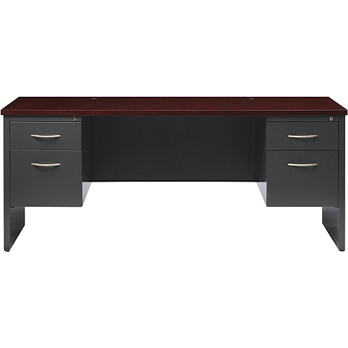 Lorell Fortress Modular Series Double-pedestal Credenza 72" Width x 24" Depth, x 1.1" Thickness Top - 2 x Box, File Drawer(s) - Double Pedestal - Material: Steel - Finish: Mahogany Laminate, Charcoal - Scratch Resistant, Stain Resistant, Ball-b (LLR79158)