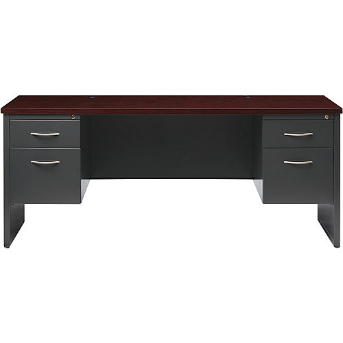 Lorell Fortress Modular Series Double-pedestal Credenza 72" Width x 24" Depth, x 1.1" Thickness Top - 2 x Box, File Drawer(s) - Double Pedestal - Material: Steel - Finish: Mahogany Laminate, Charcoal - Scratch Resistant, Stain Resistant, Ball-b (LLR79158)