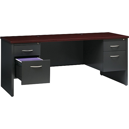 Lorell Fortress Modular Series Double-pedestal Credenza 72" Width x 24" Depth, x 1.1" Thickness Top - 2 x Box, File Drawer(s) - Double Pedestal - Material: Steel - Finish: Mahogany Laminate, Charcoal - Scratch Resistant, Stain Resistant, Ball-b (LLR79158)