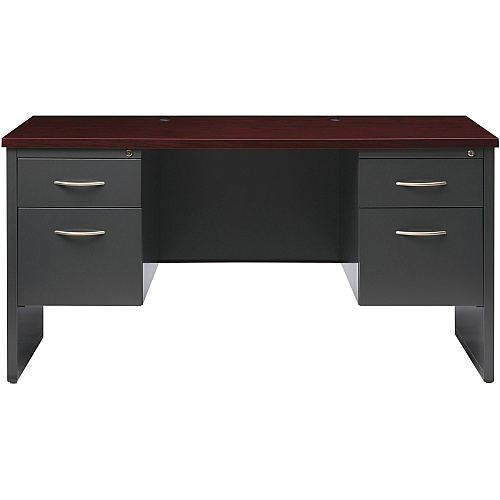 Lorell Fortress Modular Series Double-pedestal Credenza 60" Width x 24" Depth, x 1.1" Thickness Top - 2 x Box, File Drawer(s) - Double Pedestal - Material: Steel - Finish: Mahogany Laminate, Charcoal - Scratch Resistant, Stain Resistant, Ball-b (LLR79160)
