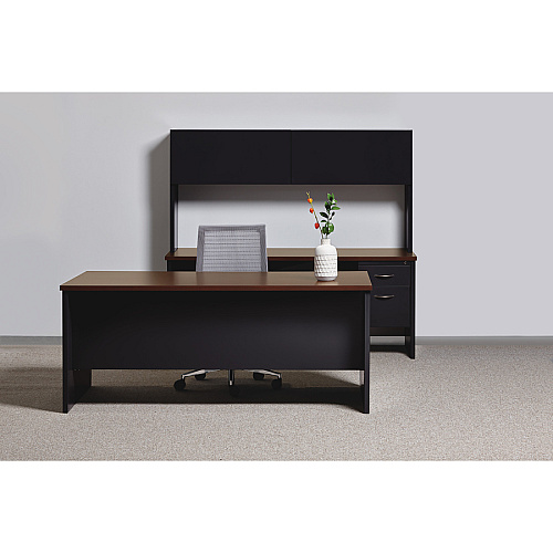 Lorell Fortress Modular Series Bridge 48" Width x 24" Depth, x 1.1" Thickness Top - Material: Steel - Finish: Walnut Laminate, Black - Scratch Resistant, Stain Resistant, Ball-bearing Suspension, Grommet, Handle, Cord Management (LLR79165)