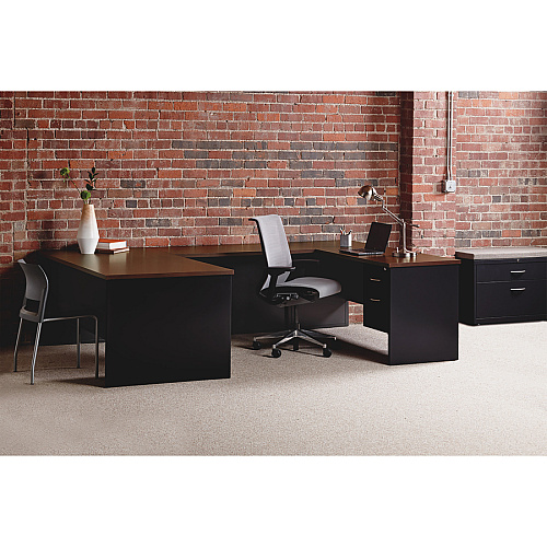 Lorell Fortress Modular Series Bridge 48" Width x 24" Depth, x 1.1" Thickness Top - Material: Steel - Finish: Walnut Laminate, Black - Scratch Resistant, Stain Resistant, Ball-bearing Suspension, Grommet, Handle, Cord Management (LLR79165)