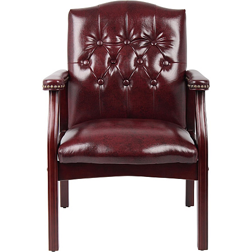 Boss Traditional Oxblood Vinyl Guest Chair with Mahogany Finish Burgundy Seat Color - Vinyl Seat Material - Burgundy Back Color - Vinyl Back Material - Mahogany Frame Color - Four-legged Base - 1 Each (B959BY)
