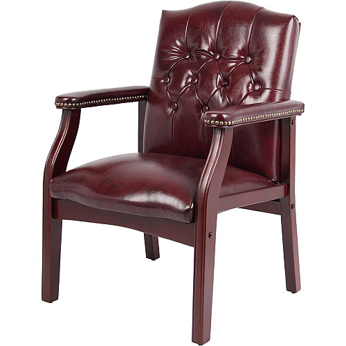 Boss Traditional Oxblood Vinyl Guest Chair with Mahogany Finish Burgundy Seat Color - Vinyl Seat Material - Burgundy Back Color - Vinyl Back Material - Mahogany Frame Color - Four-legged Base - 1 Each (B959BY)