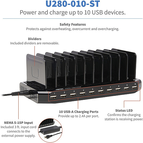 Tripp Lite by Eaton 10-Port USB Charging Station with Adjustable Storage, 12V 8A (96W) USB Charger Output 12 V DC Input - 5 V DC Output - 2.40 A - 1 Each (U280010ST)