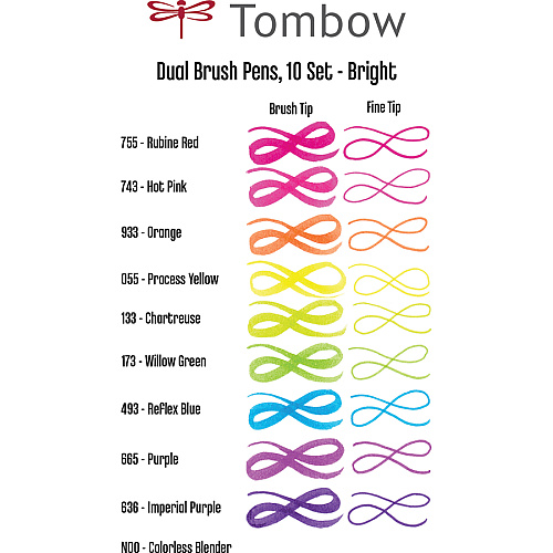 Tombow Dual Brush Pen Set Hot Pink, Orange, Chartreuse, Willow Green, Purple, Rubine Red, Process Yellow, Reflex Blue, Imperial Purple Ink - Water Based - Nylon Tip - 10 / Pack (56185)