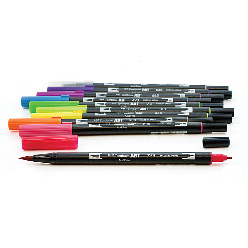 Tombow Dual Brush Pen Set Hot Pink, Orange, Chartreuse, Willow Green, Purple, Rubine Red, Process Yellow, Reflex Blue, Imperial Purple Ink - Water Based - Nylon Tip - 10 / Pack (56185)