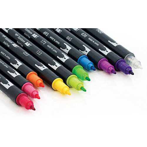 Tombow Dual Brush Pen Set Hot Pink, Orange, Chartreuse, Willow Green, Purple, Rubine Red, Process Yellow, Reflex Blue, Imperial Purple Ink - Water Based - Nylon Tip - 10 / Pack (56185)