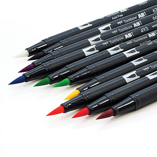 Tombow Dual Brush Pen Set Hot Pink, Orange, Chartreuse, Willow Green, Purple, Rubine Red, Process Yellow, Reflex Blue, Imperial Purple Ink - Water Based - Nylon Tip - 10 / Pack (56185)