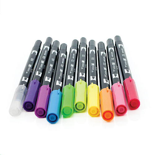 Tombow Dual Brush Pen Set Hot Pink, Orange, Chartreuse, Willow Green, Purple, Rubine Red, Process Yellow, Reflex Blue, Imperial Purple Ink - Water Based - Nylon Tip - 10 / Pack (56185)
