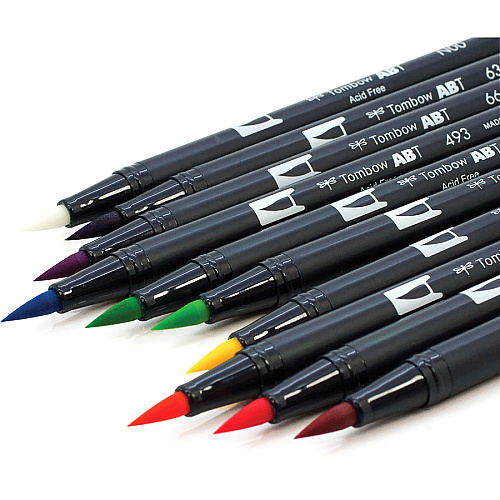 Tombow Dual Brush Pen Set Hot Pink, Orange, Chartreuse, Willow Green, Purple, Rubine Red, Process Yellow, Reflex Blue, Imperial Purple Ink - Water Based - Nylon Tip - 10 / Pack (56185)