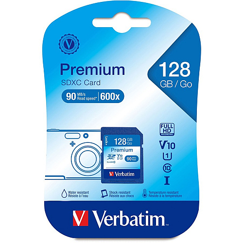 Verbatim 128GB Premium SDXC Memory Card, UHS-I Class 10 70 MB/s Read - 300x Memory Speed - Lifetime Warranty (44025)