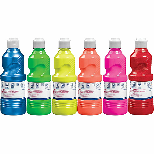 Prang Power Fluorescent Paint Set 6 Color(s) - Neon Green, Neon Yellow, Neon Orange, Neon Pink, Neon Red, Neon Turquoise - 16 fl oz - Washable - 6 / Set (10799)