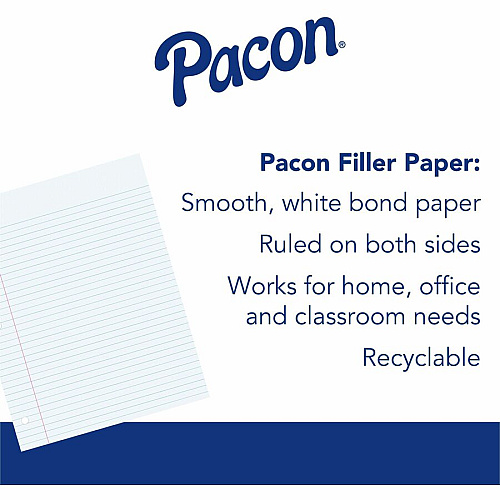 Pacon Wide Ruled Filler Paper 200 Sheets - Wide Ruled Front Ruling - 0.38" Ruled - Red Margin - 3 Hole(s) - 8" x 10 1/2" Sheet Size - White Paper - Smooth, Punched - 200 / Pack (MMK09202)