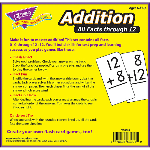 Trend Addition all facts through 12 Flash Cards Theme/Subject: Learning - Skill Learning: Addition - 169 Pieces - 6+ - 169 / Box (53201)