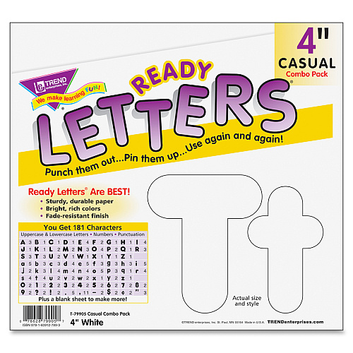 Trend White 4" Casual Ready Letters Combo Pack Learning Theme/Subject - 50 x Uppercase Letters, 82 x Lowercase Letters, 20 x Numbers, 30 x Punctuation Marks Shape - Reusable, Easy to Use, Fade Resistant, Durable - 4" Height x 8" Length - White - 1 (79905)