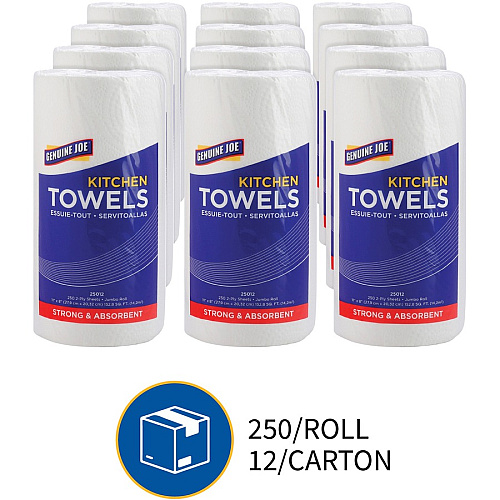 Genuine Joe Paper Towels 2 Ply - 8" Width x 11" Length - 250 Sheets/Roll - 1 5/8" Core - White - Paper - 12 / Carton (GJO25012)