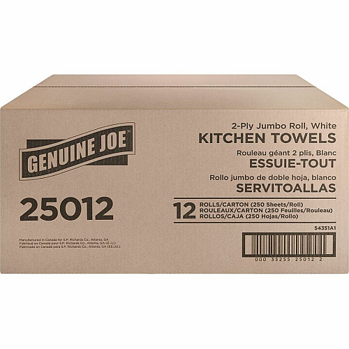 Genuine Joe Paper Towels 2 Ply - 8" Width x 11" Length - 250 Sheets/Roll - 1 5/8" Core - White - Paper - 12 / Carton (GJO25012)