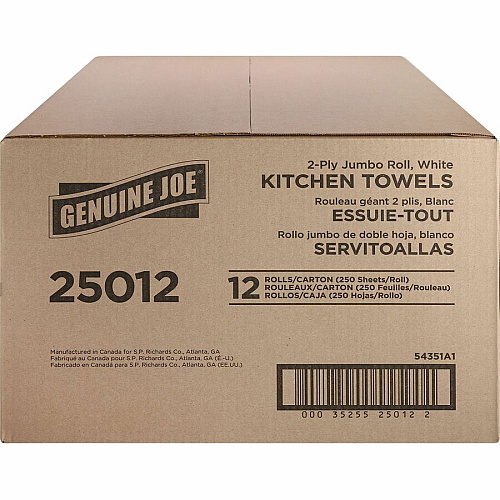 Genuine Joe Paper Towels 2 Ply - 8" Width x 11" Length - 250 Sheets/Roll - 1 5/8" Core - White - Paper - 12 / Carton (GJO25012)
