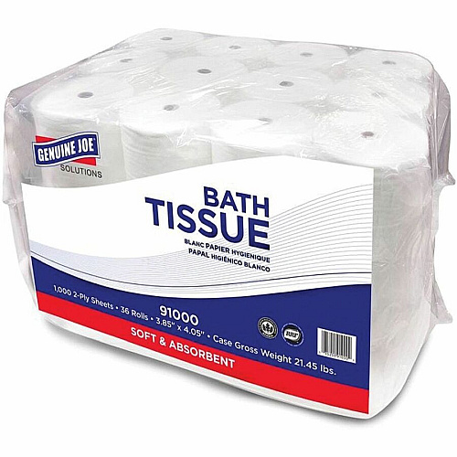 Genuine Joe&reg; Standard Toilet Paper, 2-Ply,, 1,000 Sheets, 36 Rolls 2 Ply - 1000 Sheets/Roll - 45/64" Core - White - Virgin Fiber - 36 / Carton (GJO91000)