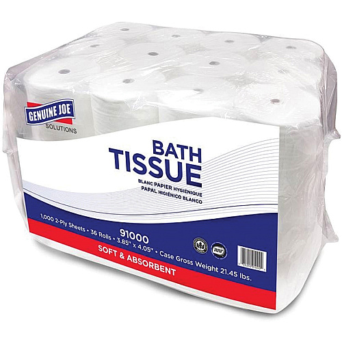 Genuine Joe&reg; Standard Toilet Paper, 2-Ply,, 1,000 Sheets, 36 Rolls 2 Ply - 1000 Sheets/Roll - 45/64" Core - White - Virgin Fiber - 36 / Carton (GJO91000)