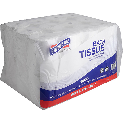 Genuine Joe&reg; Standard Toilet Paper, 2-Ply,, 1,000 Sheets, 36 Rolls 2 Ply - 1000 Sheets/Roll - 45/64" Core - White - Virgin Fiber - 36 / Carton (GJO91000)